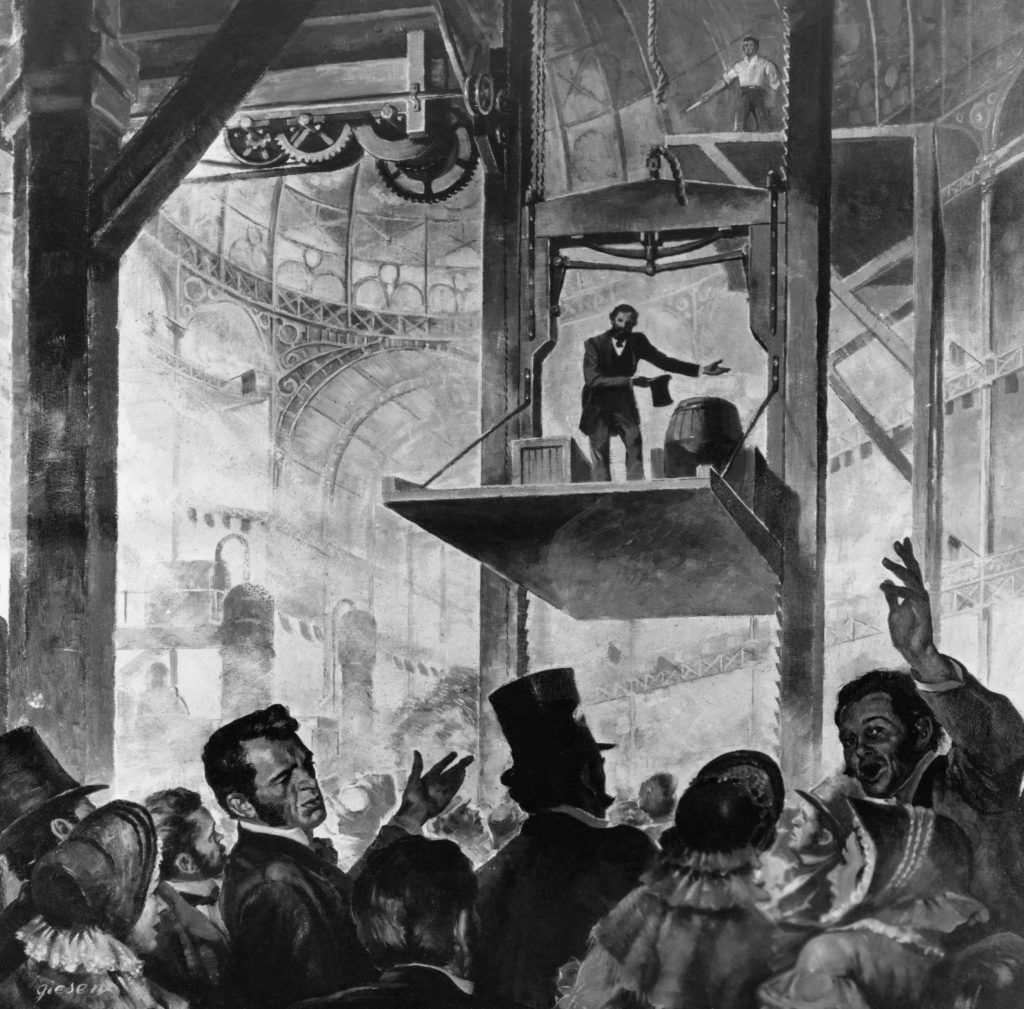 Elisha Graves Otis shows his first elevator in the Crystal Palace, New York City, 1853. --- Image by © Bettmann/CORBIS